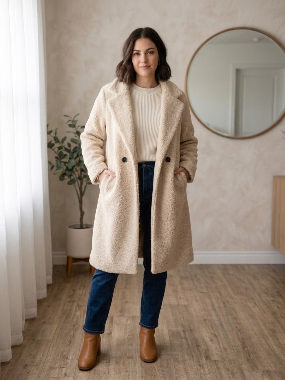 NWT Forever 21 Cream Faux Shearling Teddy Bear Long Trench Coat XL